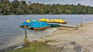 A lakeside dock with paddle boats and a wooden pier.