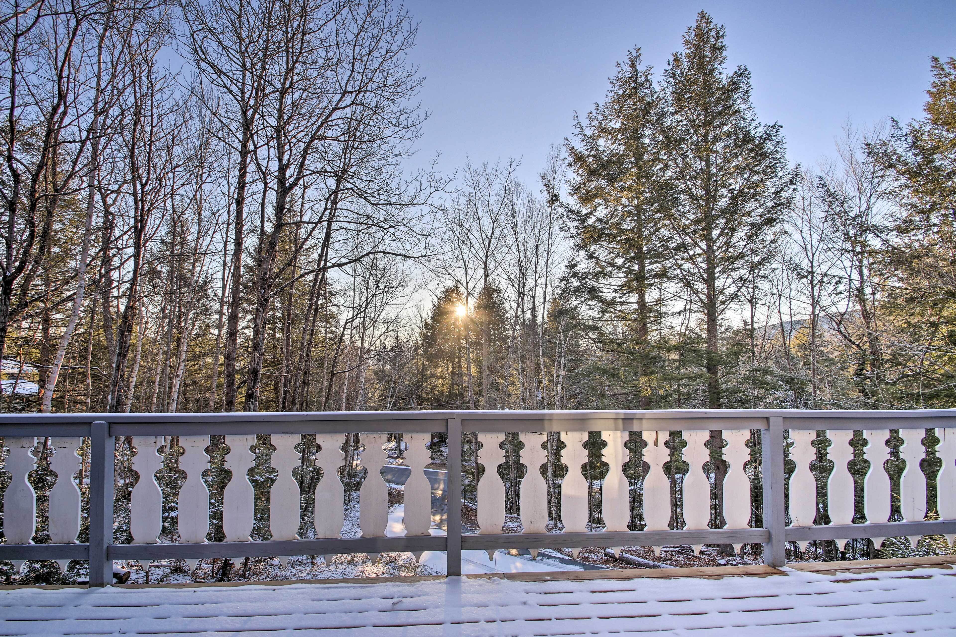 Une terrasse enneigée, dotée d’une balustrade, qui offre une vue sur une forêt.
