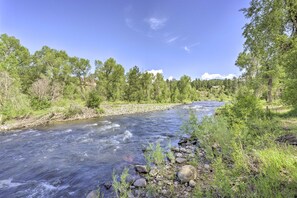 Une rivière qui traverse une zone boisée, avec des rochers et de la végétation sur ses rives.