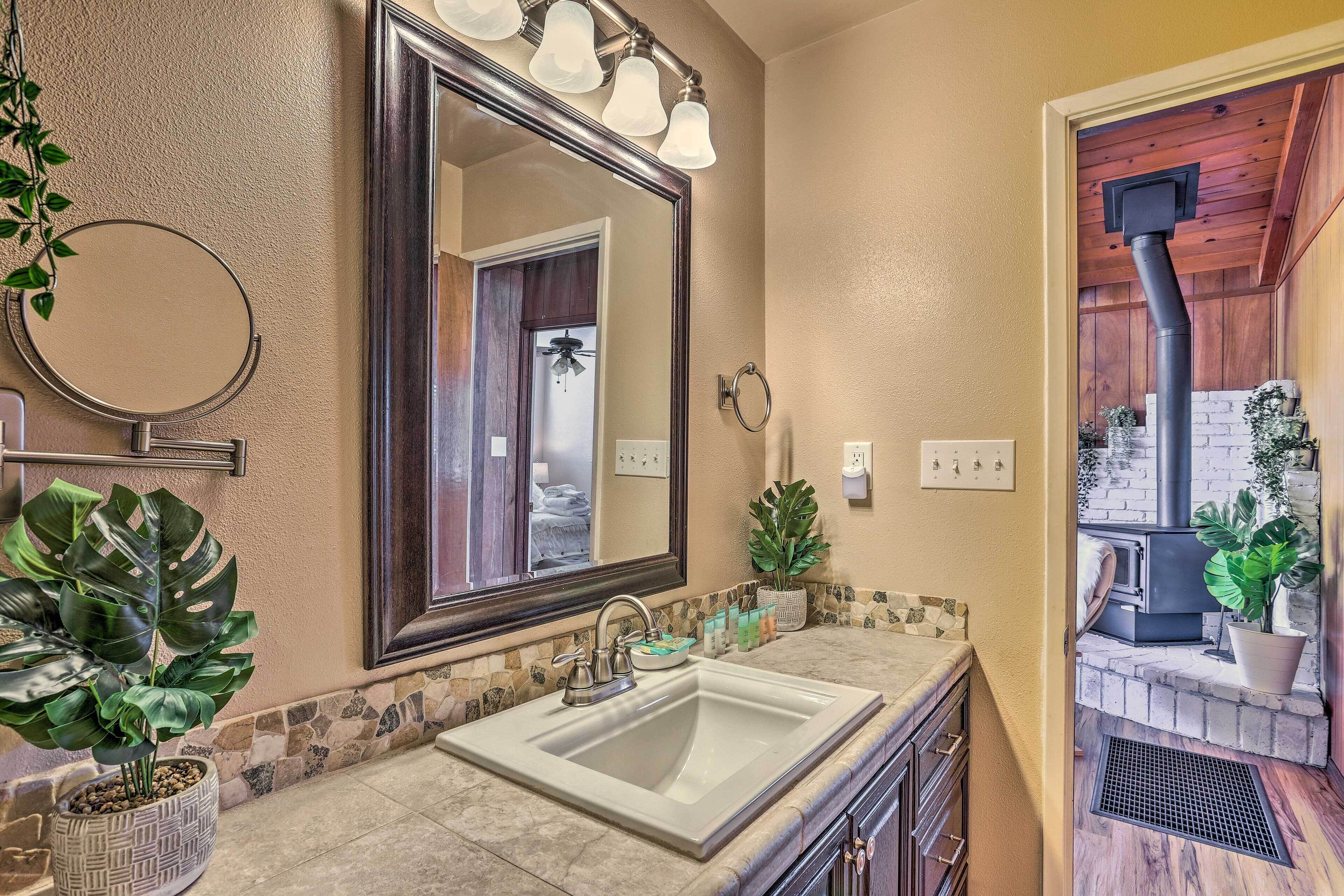 A bathroom with a large mirror, a sink, a potted plant, and a stone wall.