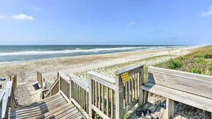 A wooden boardwalk leading to a beach with a sign indicating no backyards. - Summer Winds Resort Condo w/ Ocean Views! (Atlantic Beach)