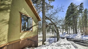 Une cabane dotée d’une fenêtre, entourée d’un paysage enneigé et de grands pins.