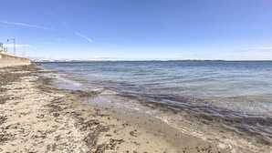 A beach with clear water, a sandy shore, and a concrete barrier. - Pet-friendly Revere Getaway, Steps From the T! (Revere)