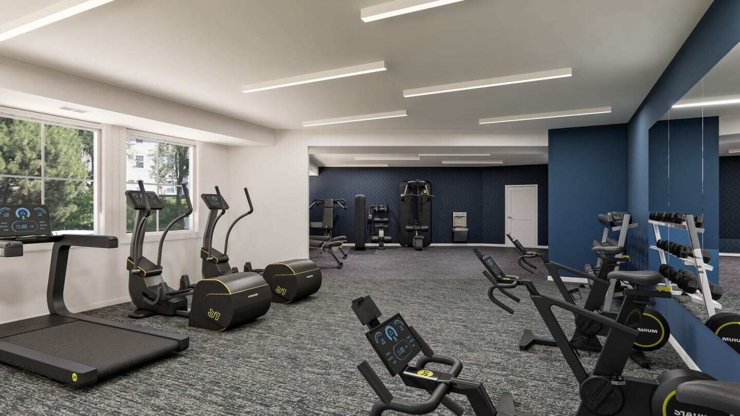 A modern gym with treadmills, elliptical machines, and weight equipment.