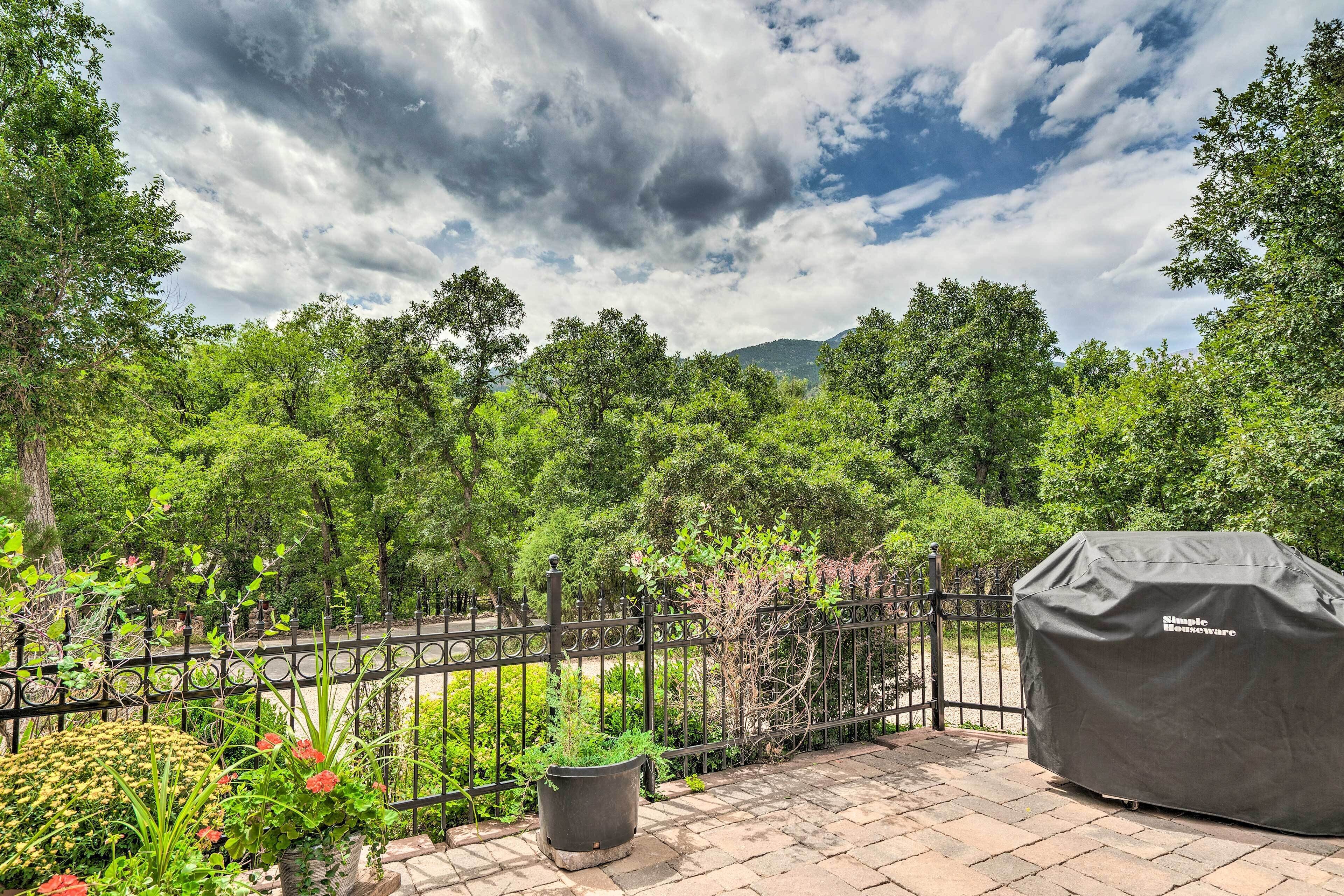 A patio with a grill cover, potted plants, and a metal fence.