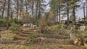 A backyard with stone steps leading to a house, surrounded by trees and various plants. - Homey Colfax Getaway w/ Private Hot Tub! (Colfax)