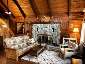 Älytelevisio, takka, kirjoja, musiikkikirjasto