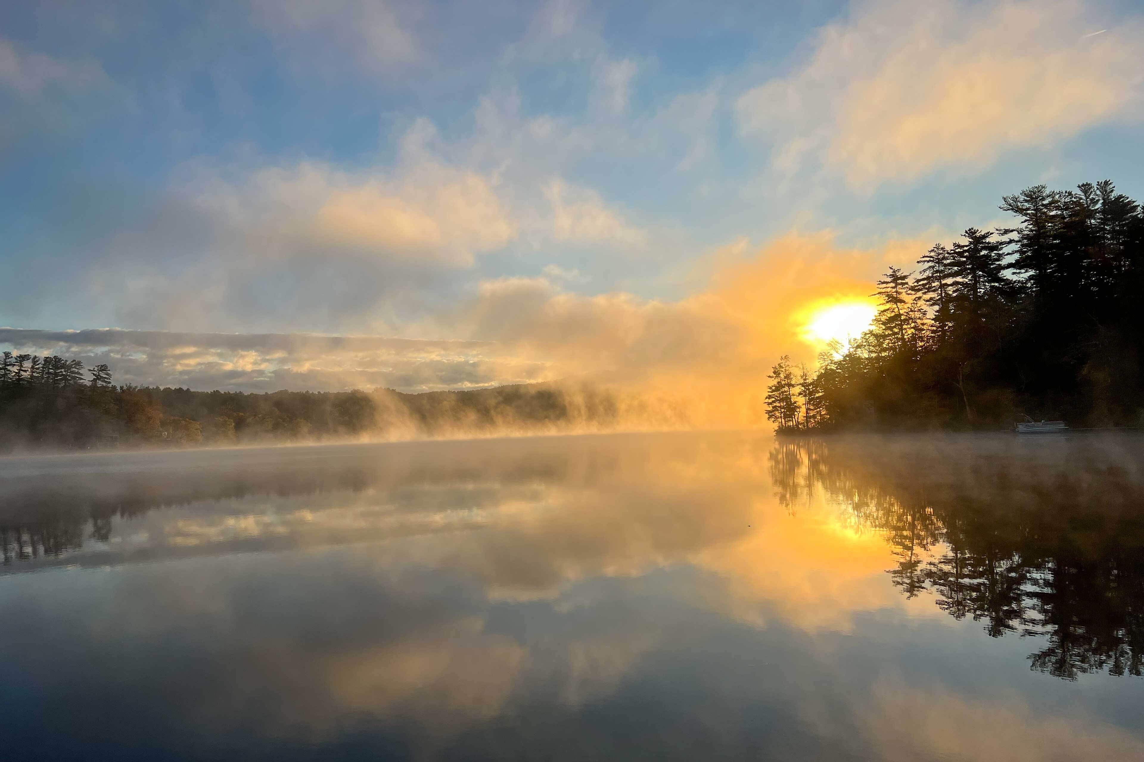 A calm lake with a reflection of trees and a clear sky.