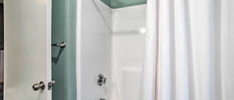 A bathroom with a shower, a door with a handle, and a curtain.