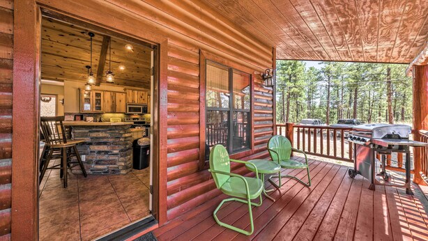 Eine Holzhütte mit überdachter Veranda, einem Essbereich mit Stühlen, einer Küche mit Bar und einem Grill auf der Terrasse.