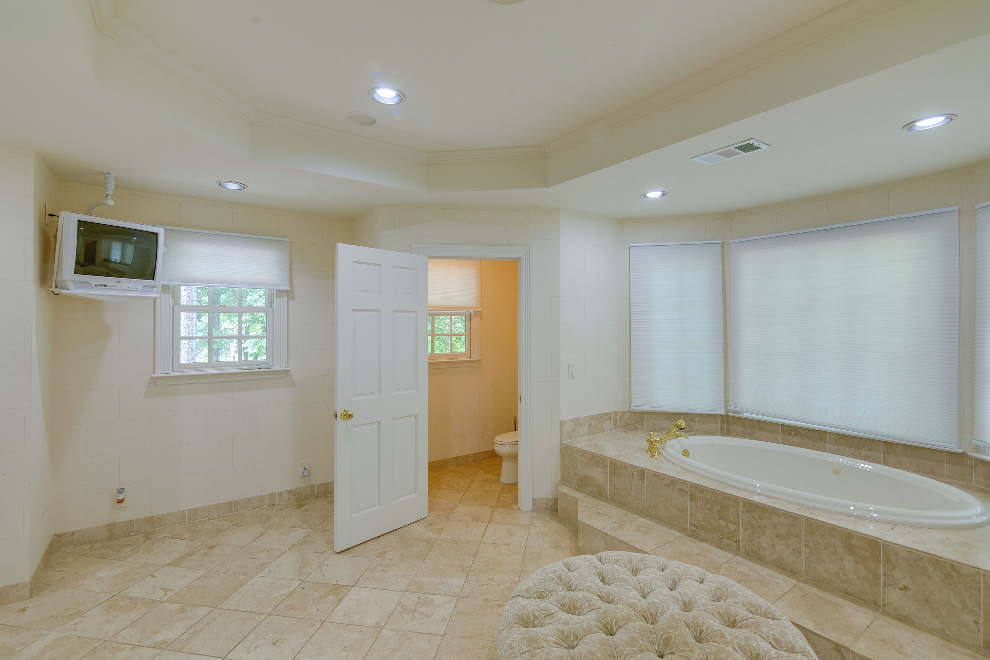 A spacious bathroom with a large bathtub, a toilet, and a shower area.