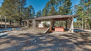 A rustic cabin with a metal roof, surrounded by a gravel area and dense pine trees. - Ruidoso Vacation Rental w/ Covered Hot Tub! (Ruidoso)