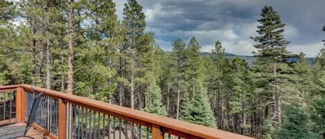 A wooden deck with a metal railing overlooking a forested area with tall pine trees.