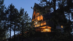 A multi-level cabin with a sloped roof, surrounded by dense forest.