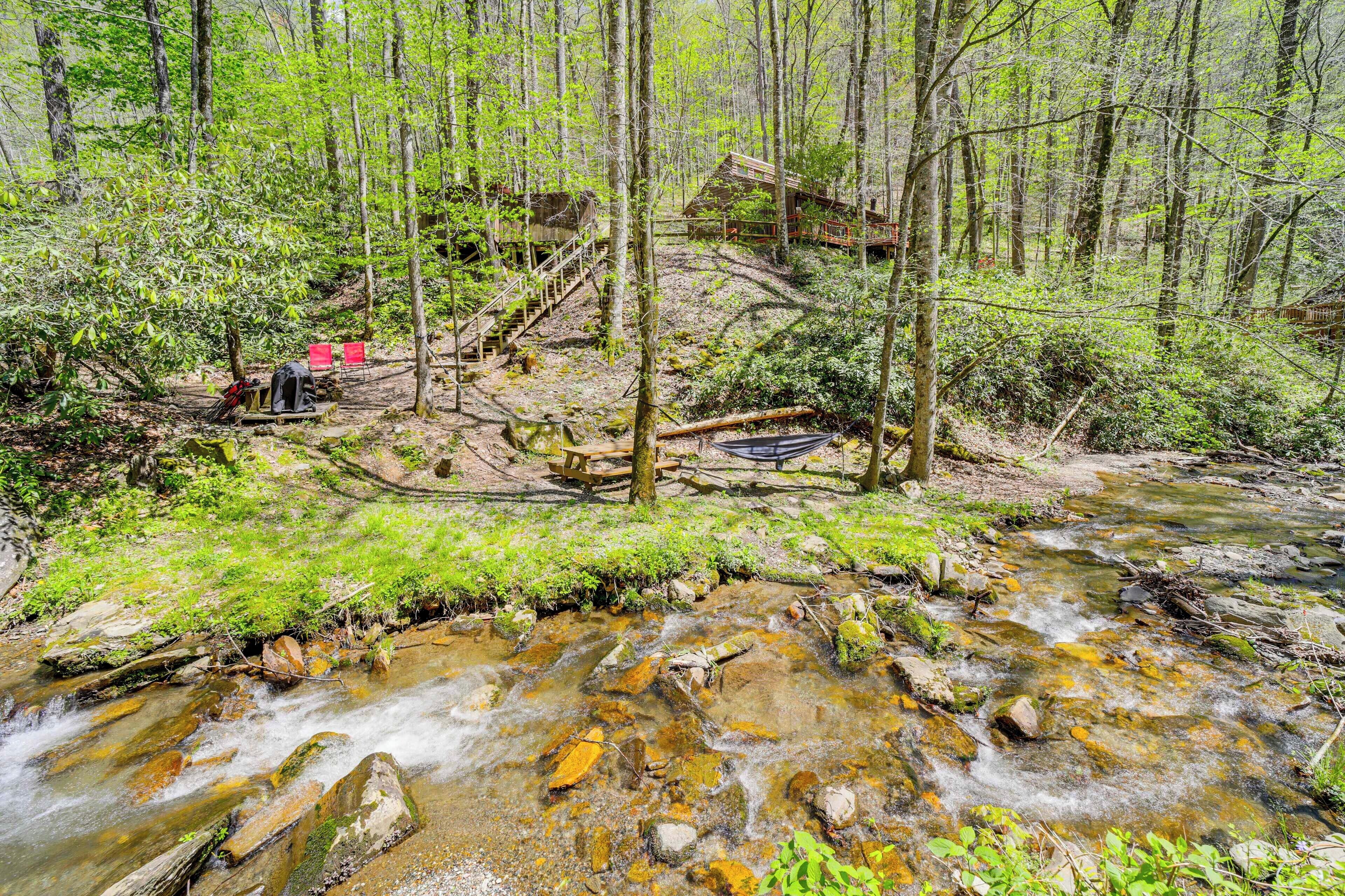 A forest stream with a wooden bridge and picnic table.