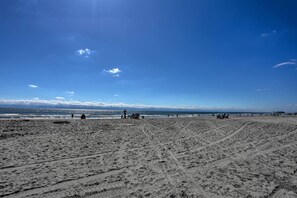 A wide sandy beach with footprints and a clear blue sky. - Beach Access, Ocean View: Myrtle Beach Condo! (Myrtle Beach)