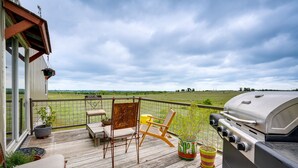 Eine Holzterrasse mit Gartenmöbeln, einem Grill und Kübelpflanzen.