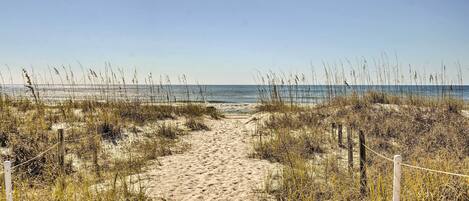 A sandy beach path leading to the ocean, surrounded by tall grasses and a wooden fence.