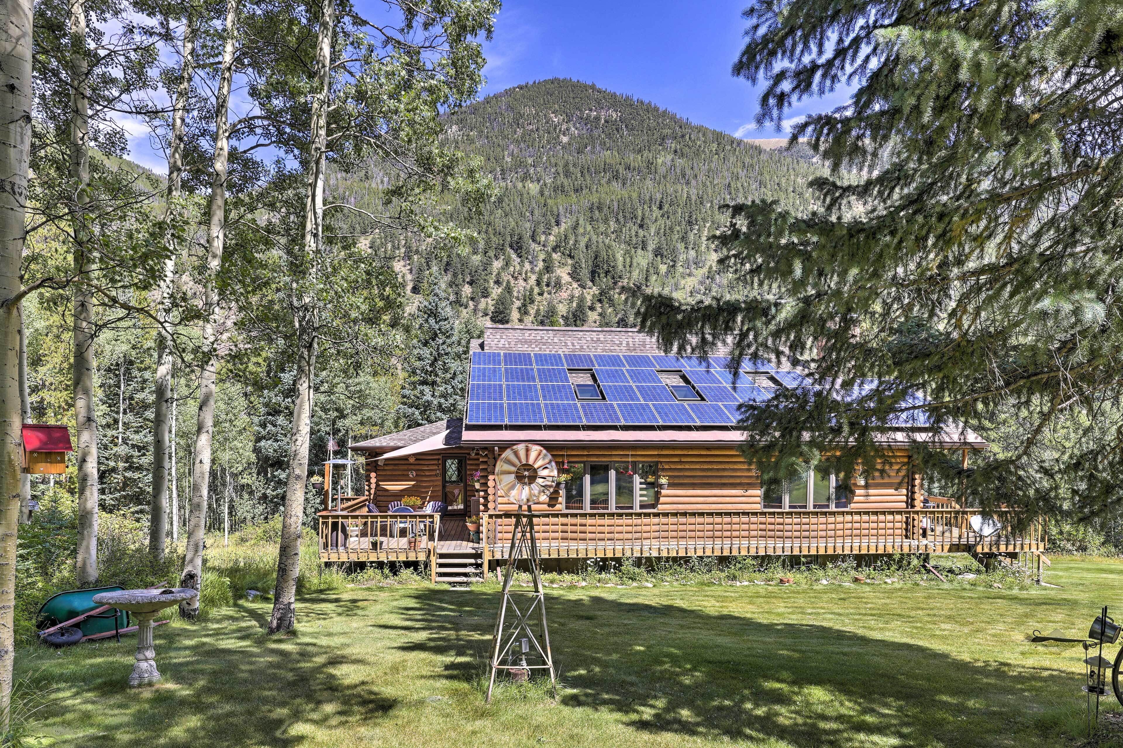 A wooden cabin with solar panels, surrounded by trees and a mountain in the background.