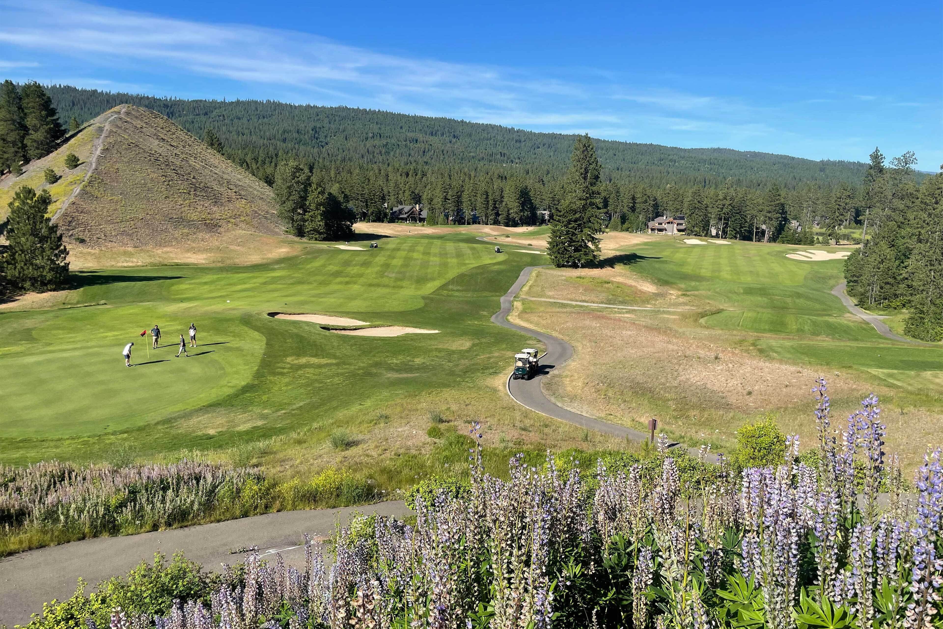 Campo de golf con un camino despejado, una colina grande y un fondo boscoso.