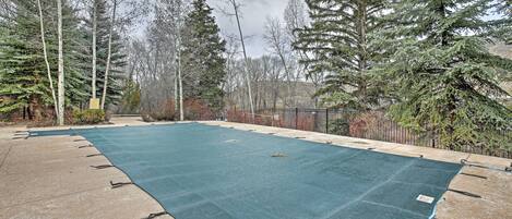 A swimming pool with a green cover, surrounded by trees and a fence.