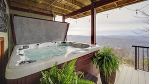 A hot tub under a wooden pergola with a mountainous view. - Views & Hot Tub! Beech Mtn 'sky Barn Retreat' (Banner Elk)