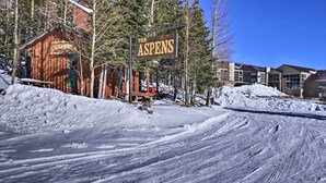Una cabaña de madera con el letrero "The Aspens", terreno y árboles cubiertos de nieve al fondo.