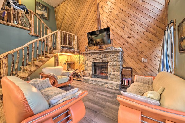 Cheminée, console de jeux vidéo, livres