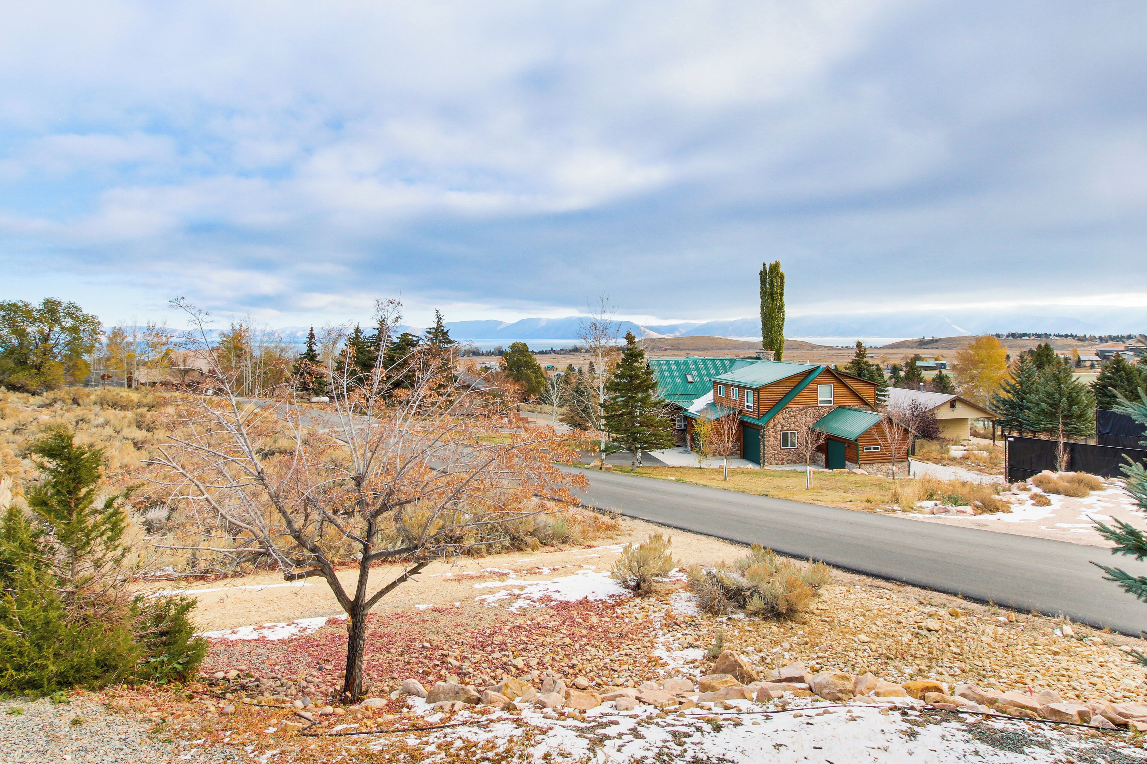 A residential area with a house featuring a stone facade and a green roof, surrounded by a mix of trees and shrubs, with a road in the foreground and mountains in the background.