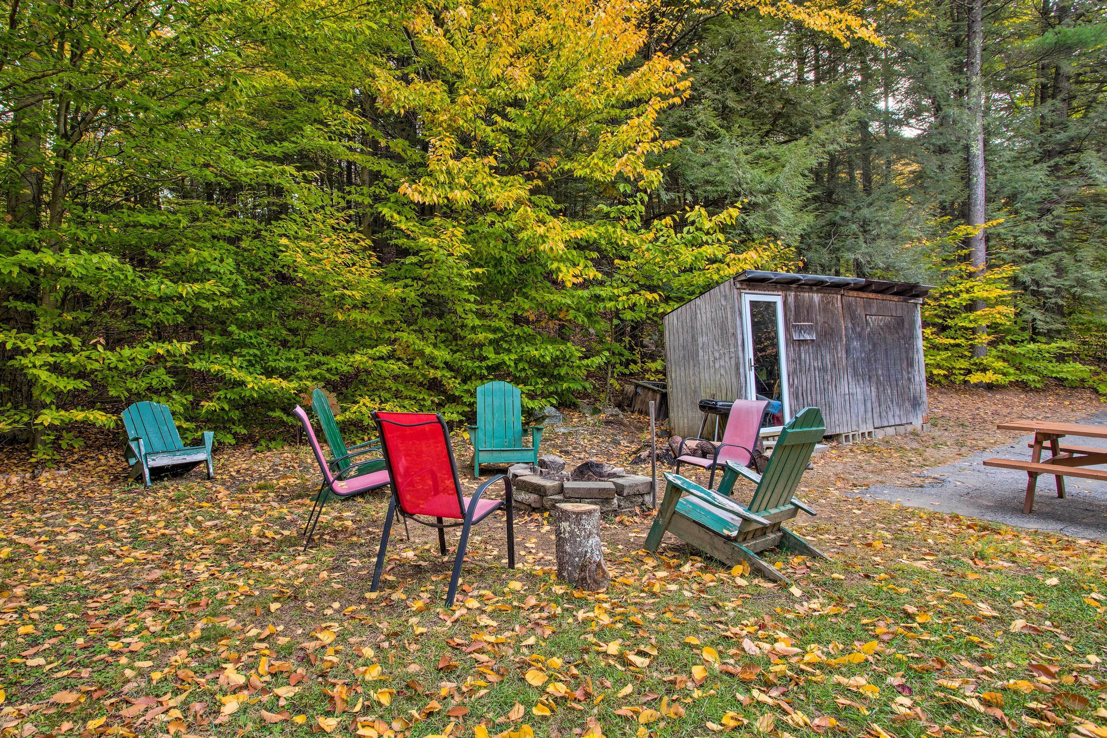 An outdoor seating area with Adirondack chairs and a wooden table, surrounded by a forest with autumn leaves.