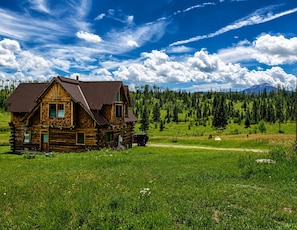 A wooden cabin with a metal roof, surrounded by a grassy field and a forested mountain backdrop.