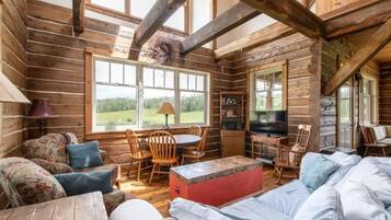 Smart TV, fireplace, DVD player, books