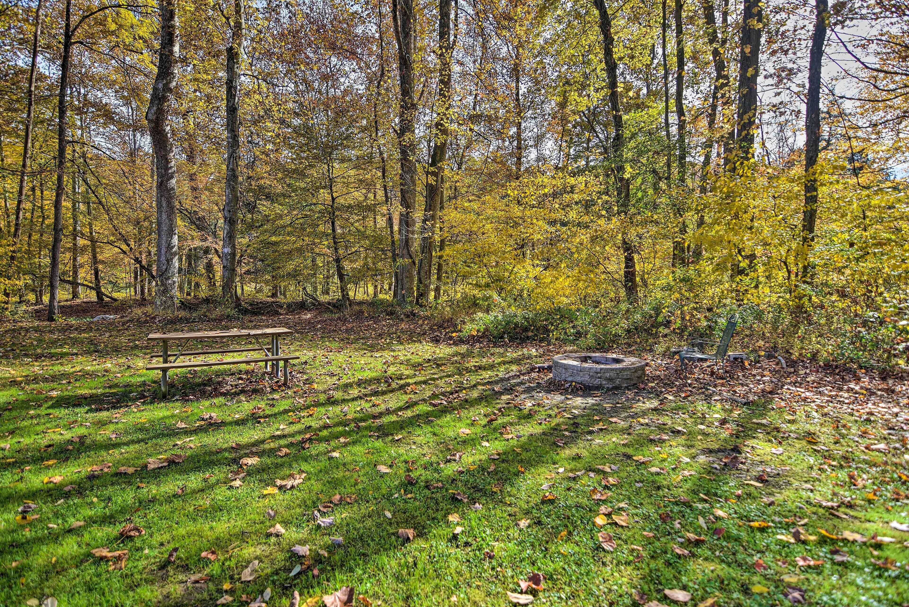 A park with a picnic table and a fire pit.