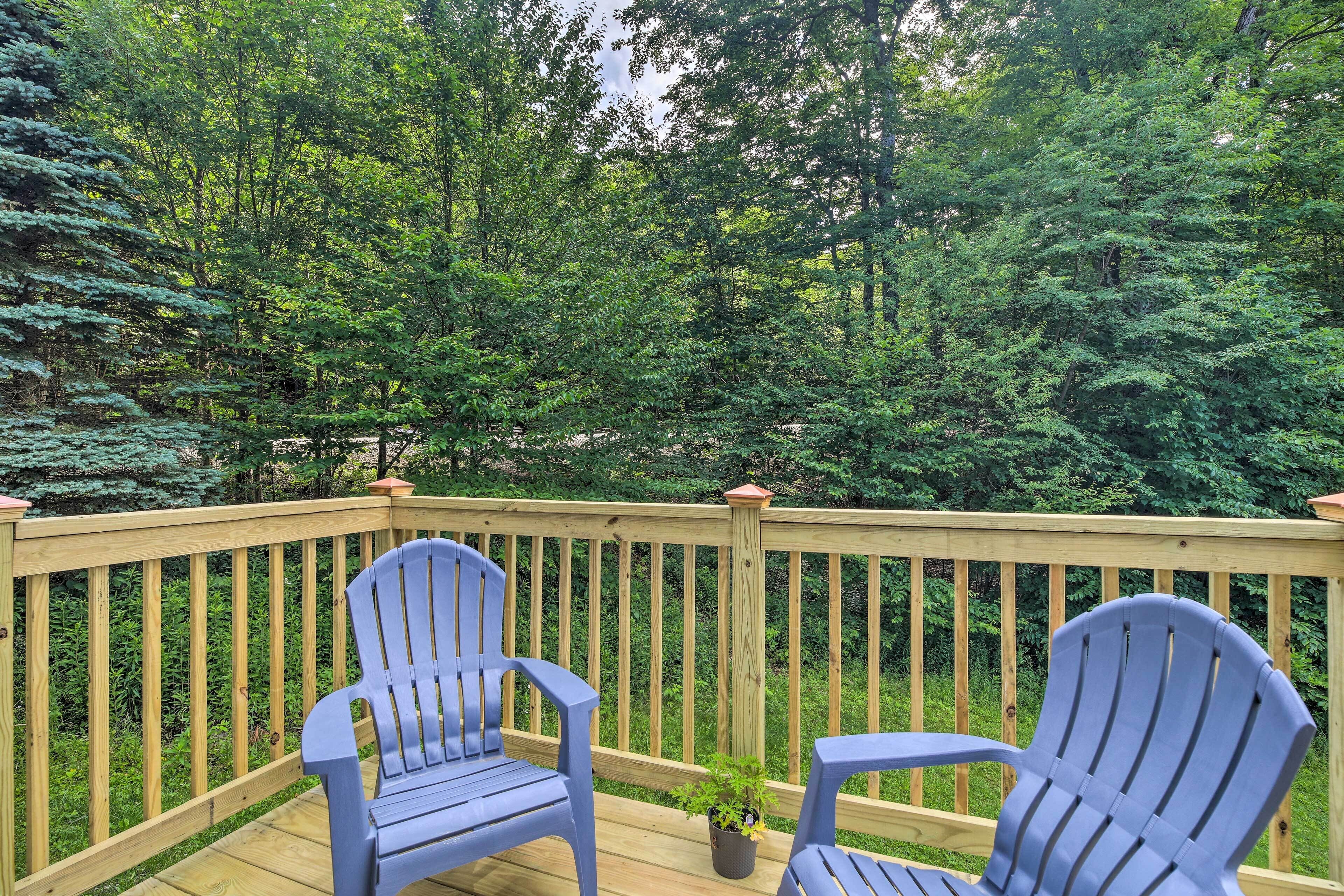 Una terraza de madera con dos sillas Adirondack azules y una planta en maceta.
