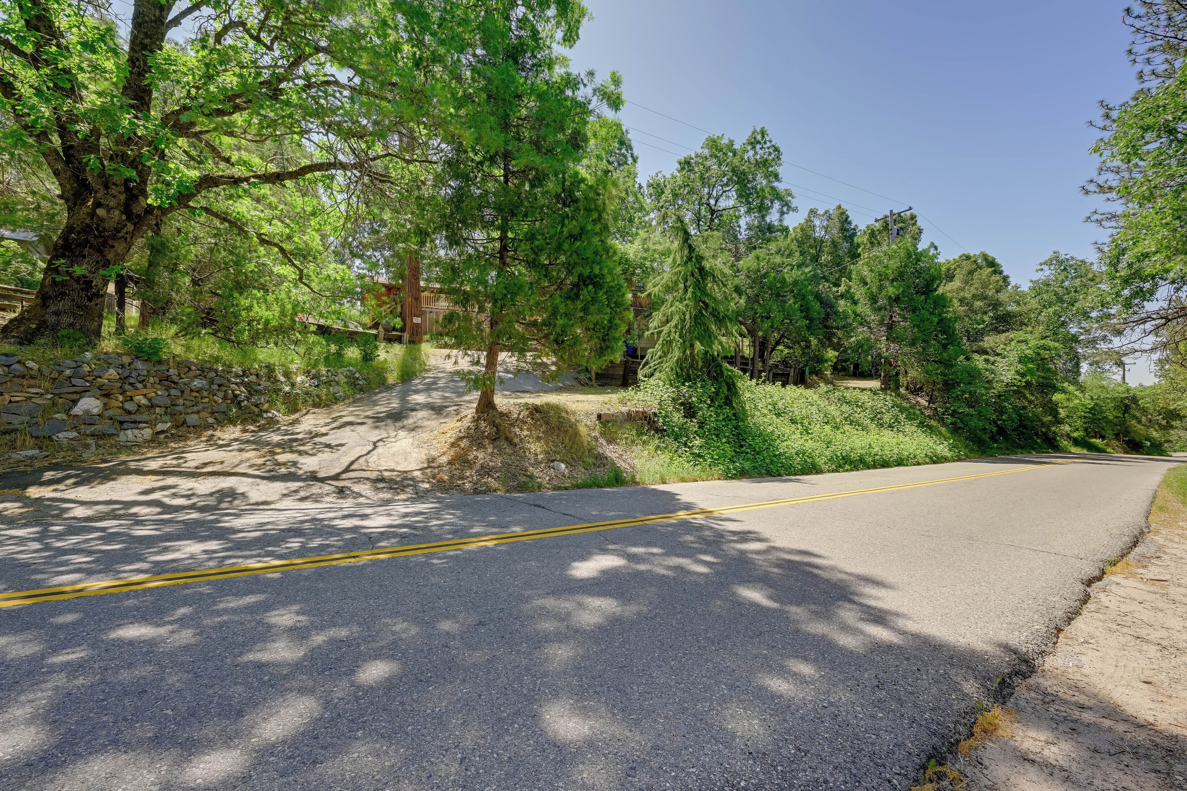 A paved road with yellow dividing lines, surrounded by trees and greenery.
