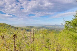 Un paisaje montañoso con denso bosque y cielo despejado.