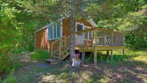 A wooden cabin with a deck and stairs, surrounded by trees and greenery. - Couples Getaway Near Beaches: Northport Cottage (Lincolnville)