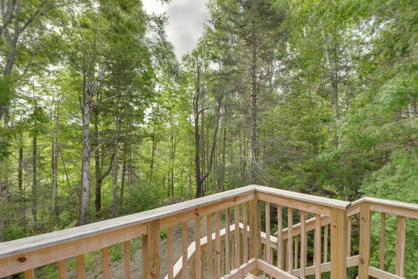 A wooden deck with a view of a dense forest.