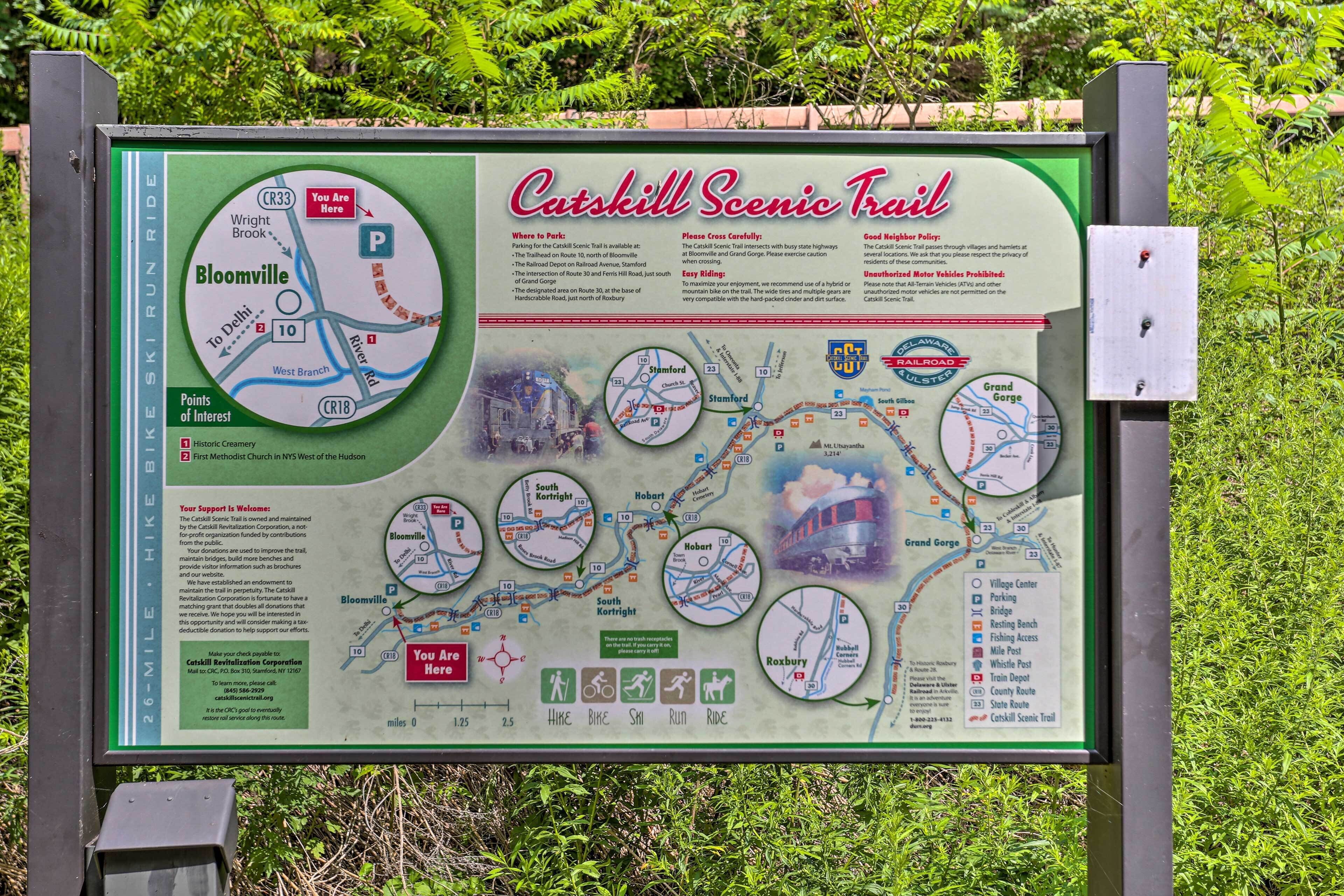 A detailed map of the Catskill Scenic Trail with various points of interest and directions.