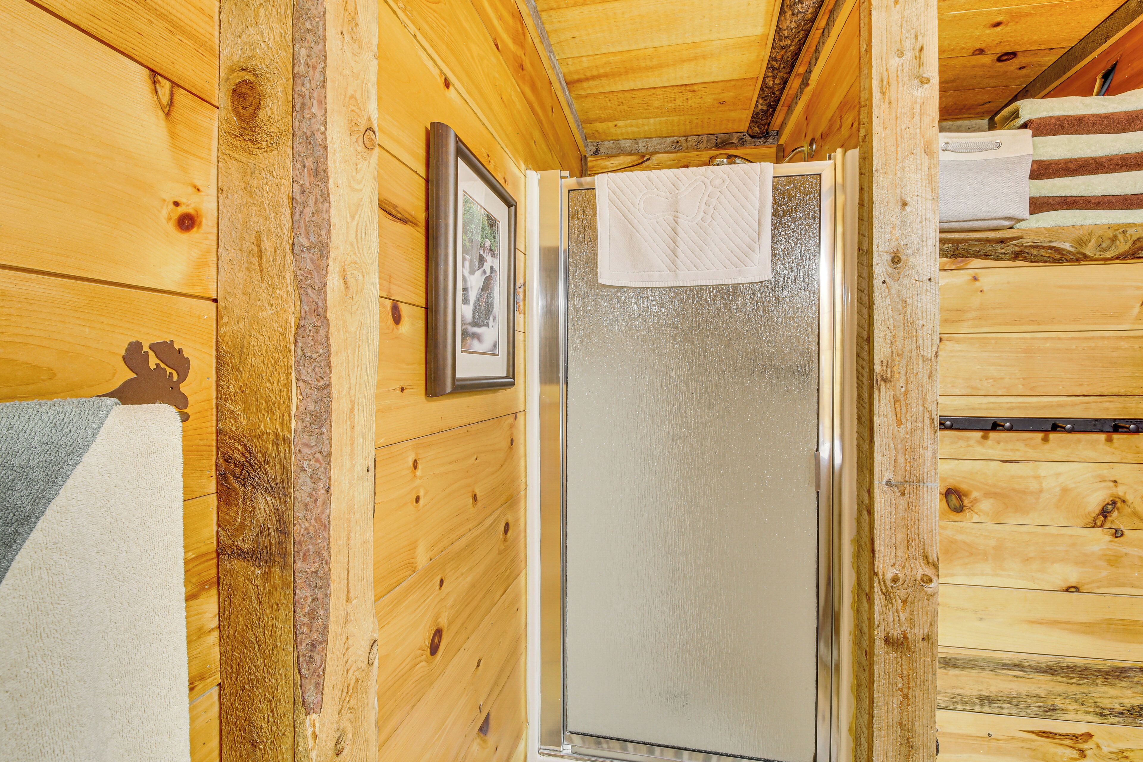 A wooden cabin interior with a glass door leading to a bathroom, a framed picture on the wall, and a towel hanging on the door.