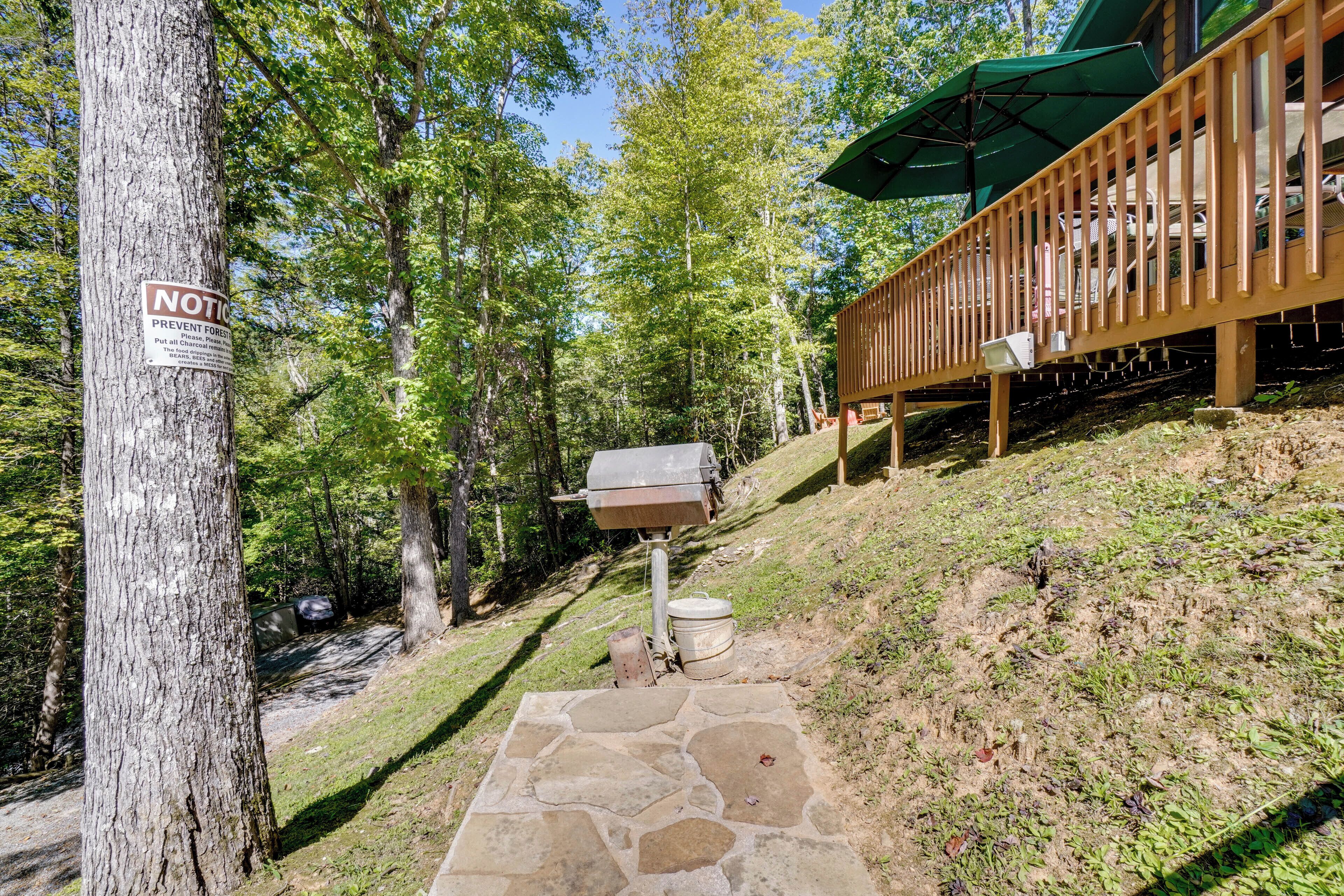Eine Holzterrasse mit einem Steinweg, der zu einer Picknickgegend führt, umgeben von Bäumen.