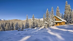 Una cabaña de troncos con techo nevado, rodeada de árboles de hoja perenne y un cielo azul despejado.