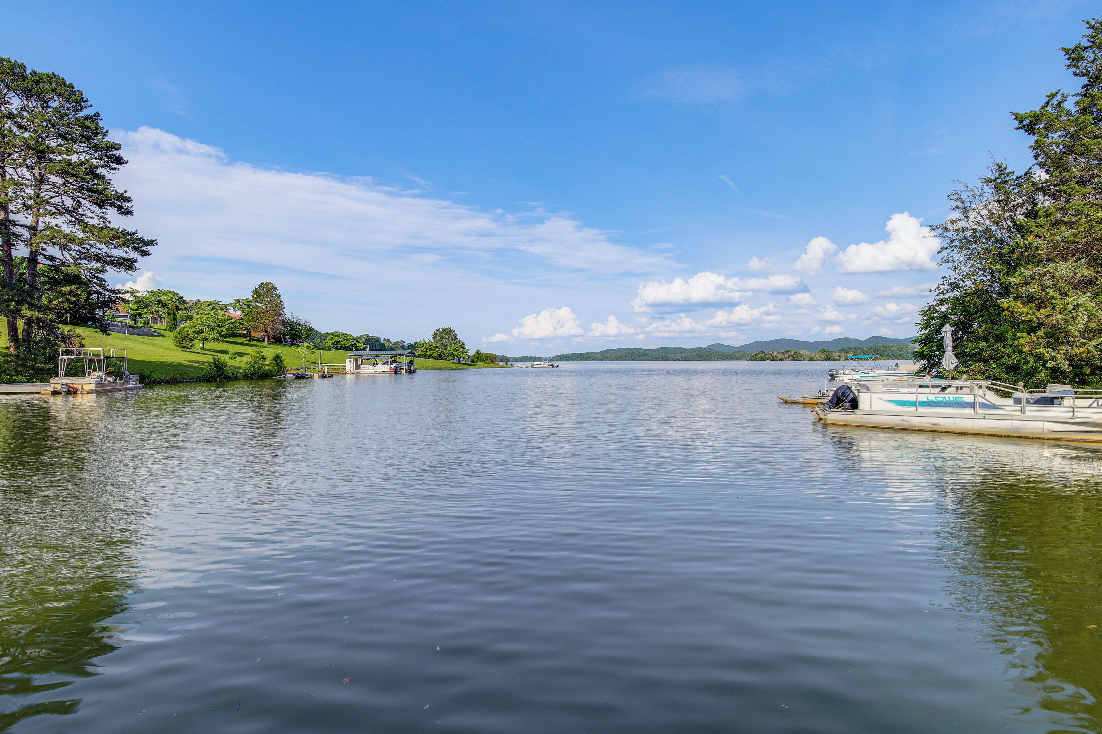 A calm lake with boats docked on the right, surrounded by greenery and trees.