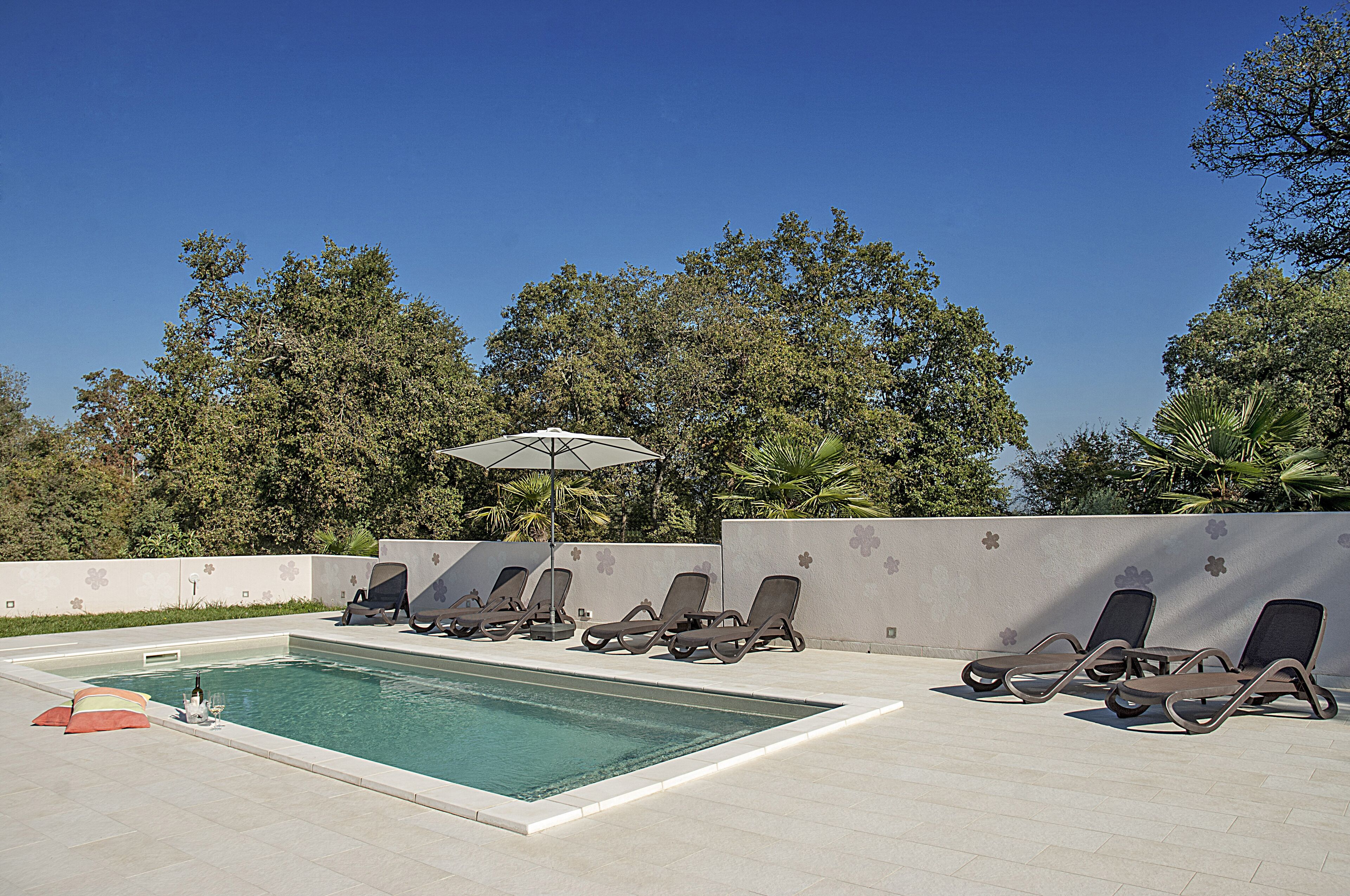 Una piscina con sillas de descanso y una sombrilla, rodeada por un muro con motivos florales y árboles al fondo.