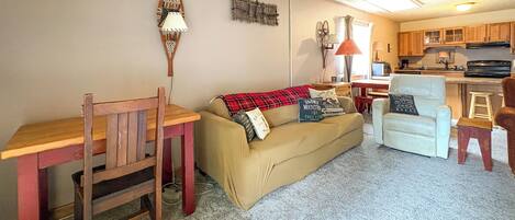 A living room with a sofa, a dining table, and a kitchen in the background.