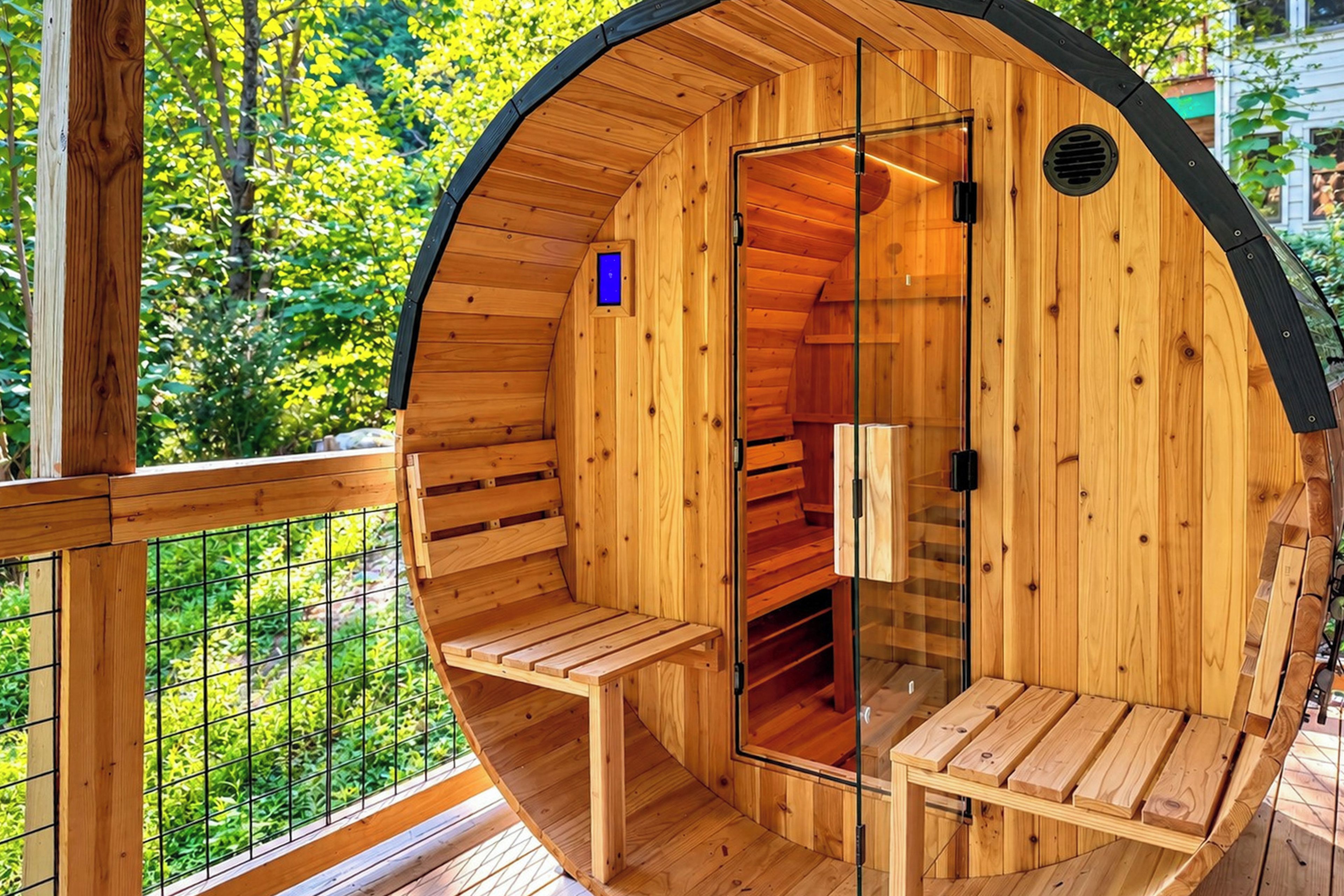 A wooden sauna with a bench, glass door, and a view of greenery.