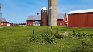 Una granja con graneros rojos, un silo y un molino de viento.