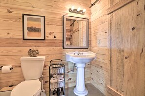 A wooden-paneled bathroom with a toilet, a pedestal sink, a framed picture, and a mirror. - Mountain Home Cabin Rental w/ Fire Pit! (Mountain Home)