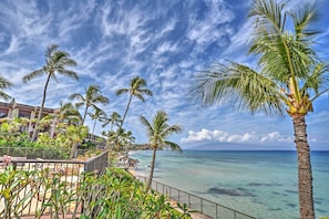 A beachfront hotel with palm trees, a clear sky, and a view of the ocean.