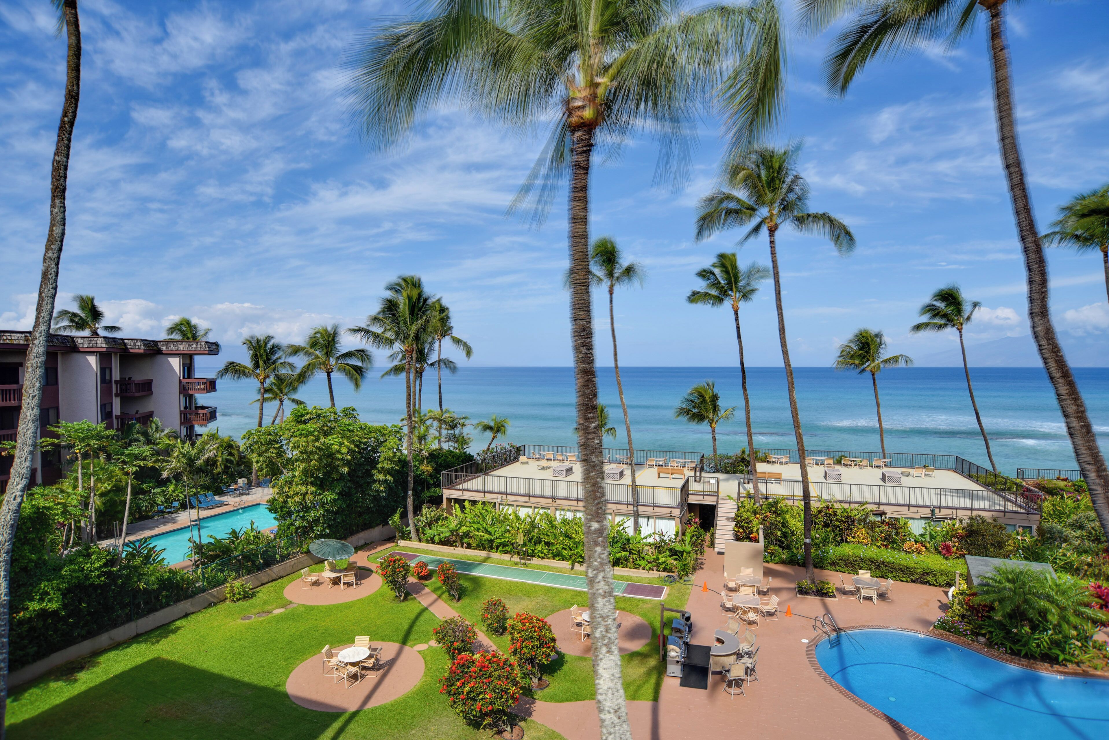 Ein Resort mit Pool, Palmen und Blick auf den Ozean.